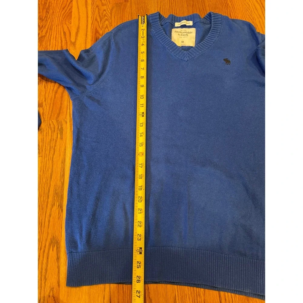 Abercrombie & Fitch‎ Mens Sweater Medium Blue Cashmere Blend V-Neck Moose Logo